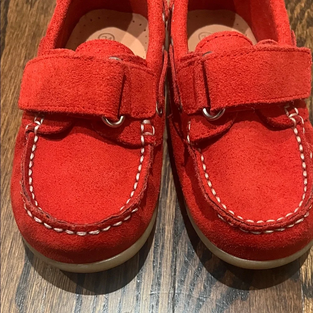 Red Suede Kids Moccasins with Hook-and-Loop Strap
